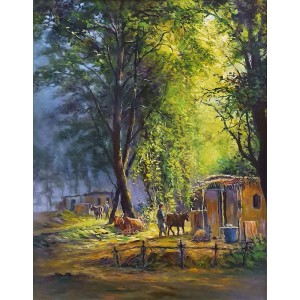 Hanif Shahzad, Village Life II, 27 x 36 Inch, Oil on Canvas, Cityscape Painting, AC-HNS-080